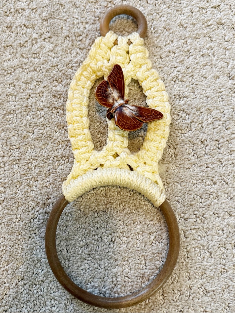 1970s Macrame Towel Holder Brown Ceramic Butterfly Handmade Hanging Boho Vintage
